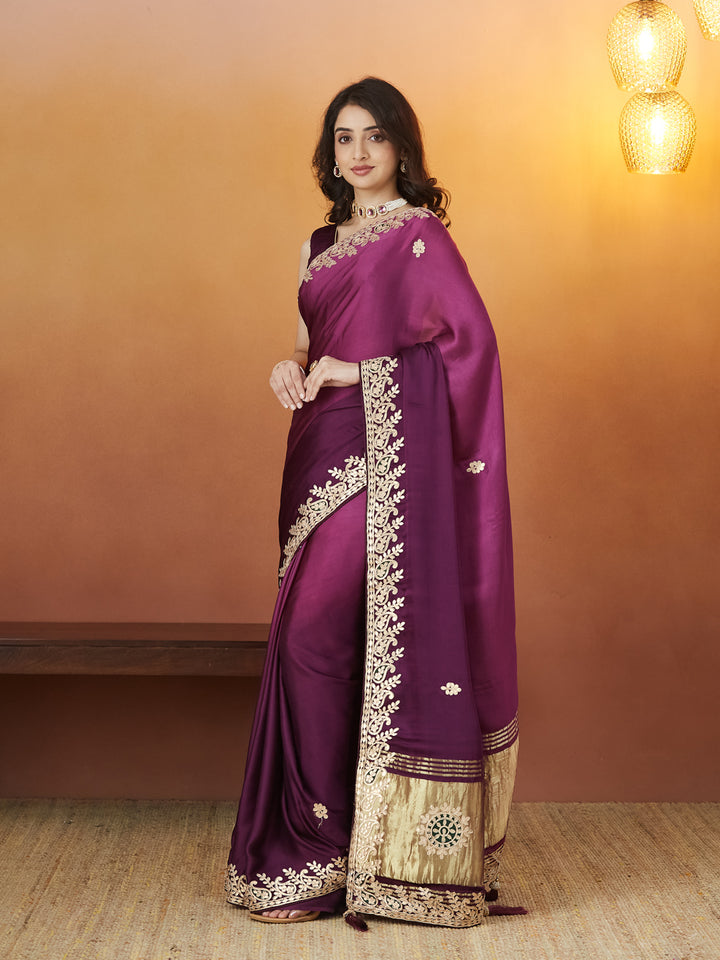 Veda Royal Elegance Saree – Plum Purple with Golden Embroidery