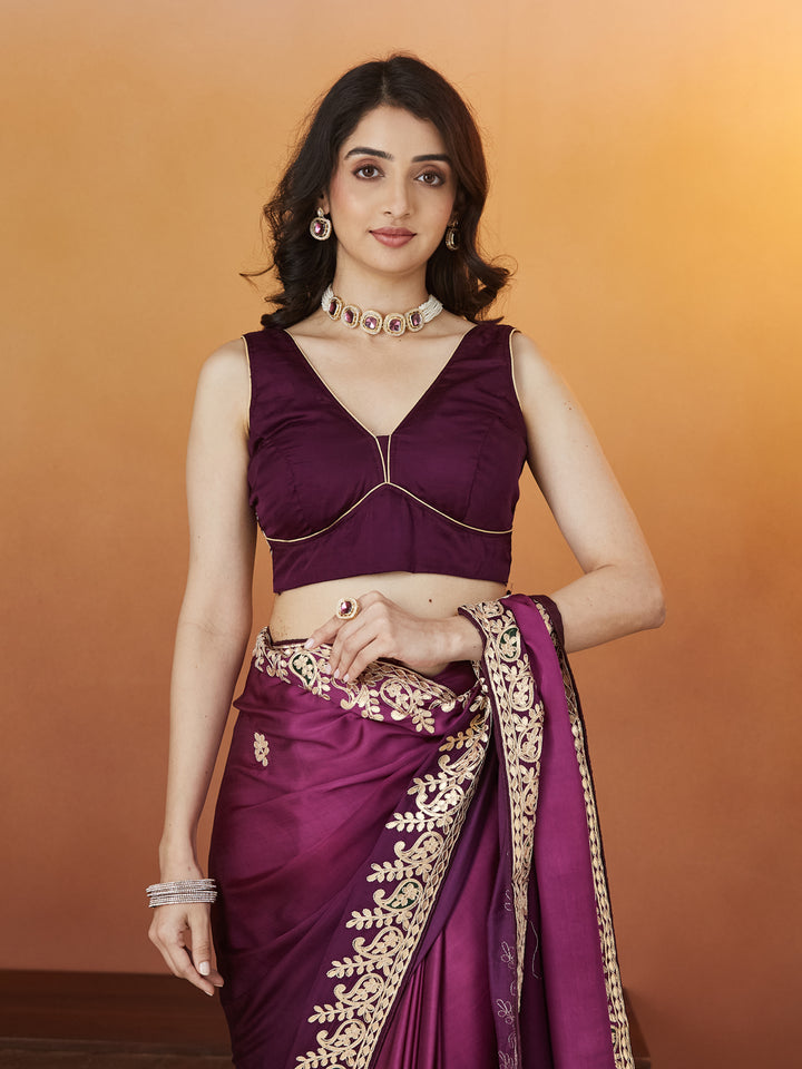 Veda Royal Elegance Saree – Plum Purple with Golden Embroidery