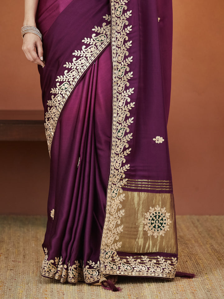 Veda Royal Elegance Saree – Plum Purple with Golden Embroidery