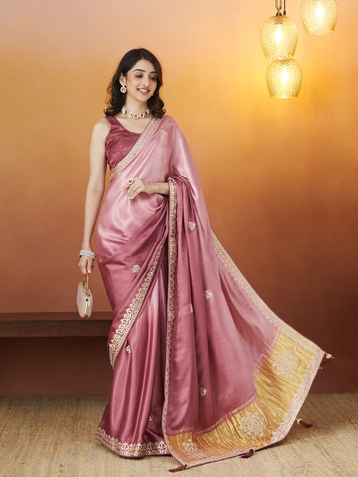 Veda Blush Grace Saree – Dusty Rose with Golden Embellishments