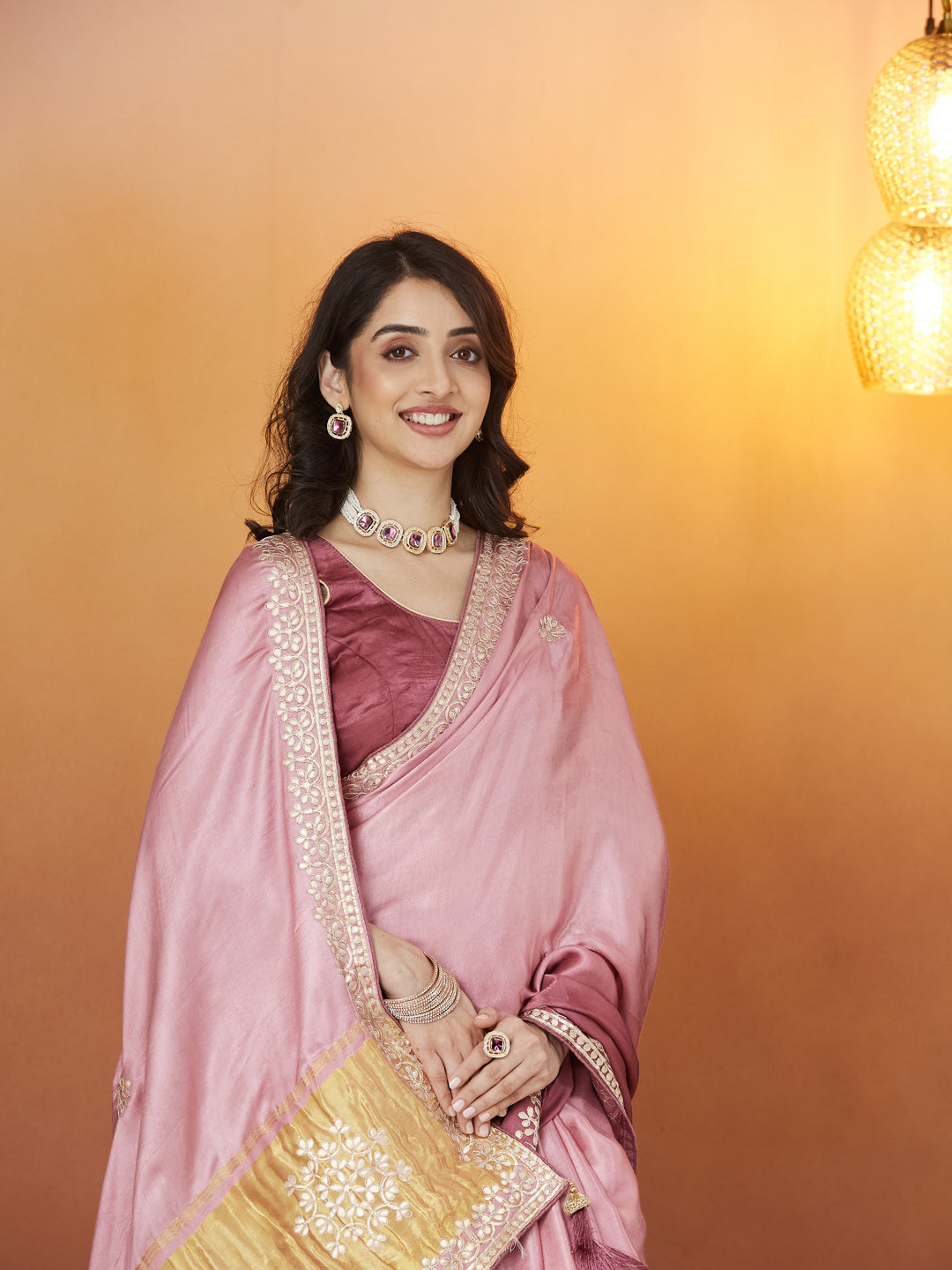 Veda Blush Grace Saree – Dusty Rose with Golden Embellishments