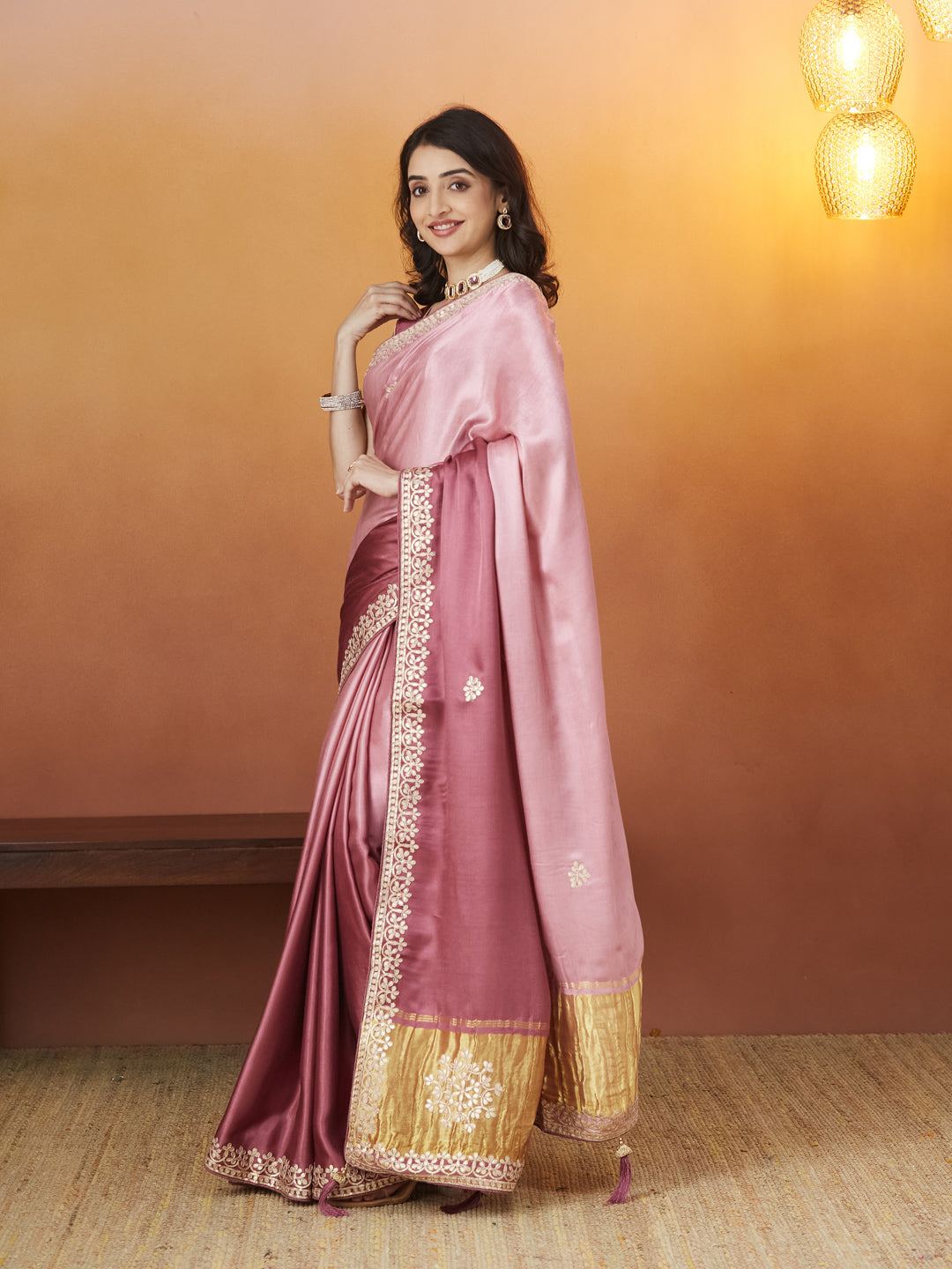 Veda Blush Grace Saree – Dusty Rose with Golden Embellishments