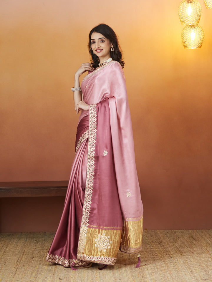 Veda Blush Grace Saree – Dusty Rose with Golden Embellishments