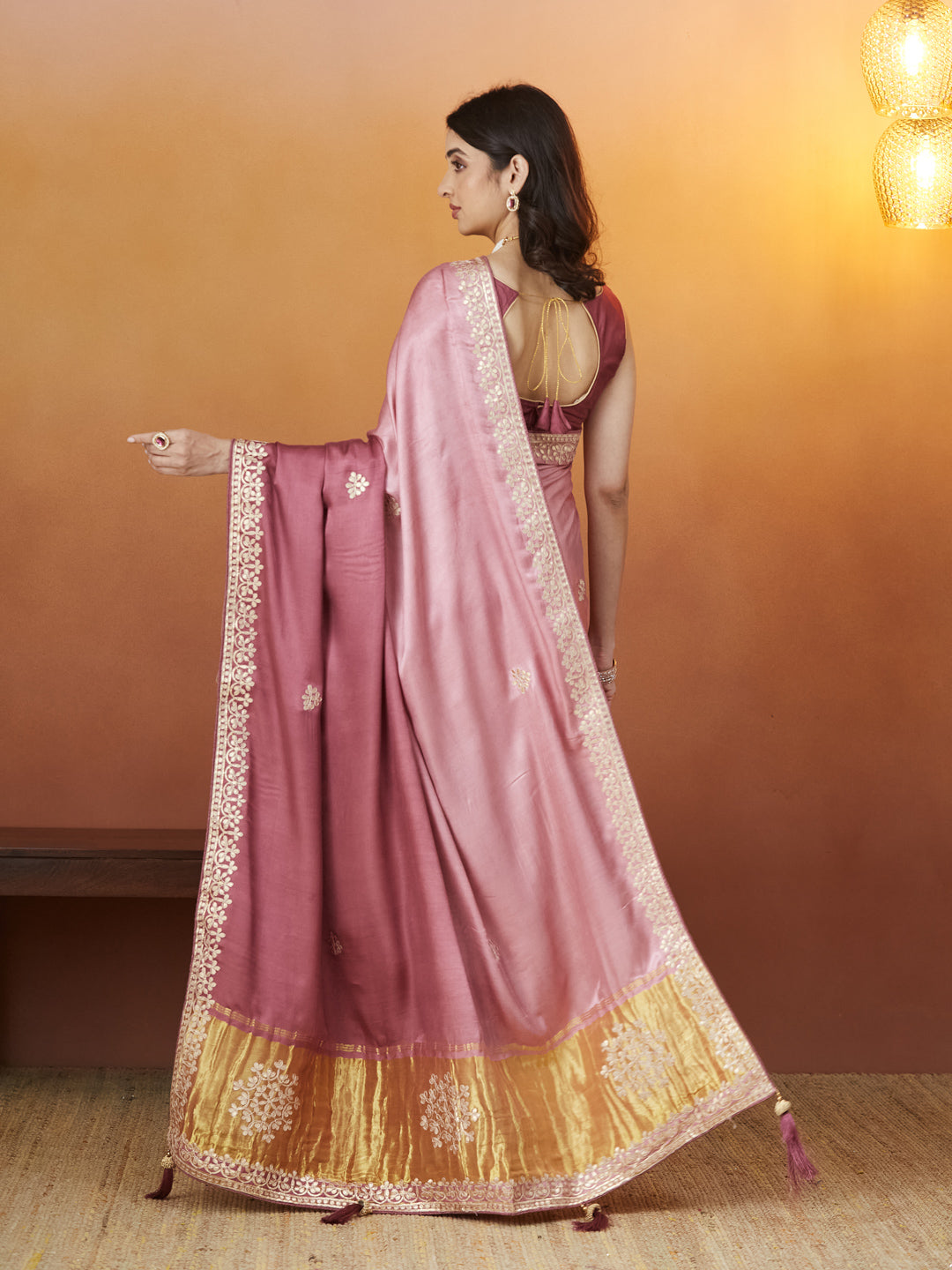 Veda Blush Grace Saree – Dusty Rose with Golden Embellishments