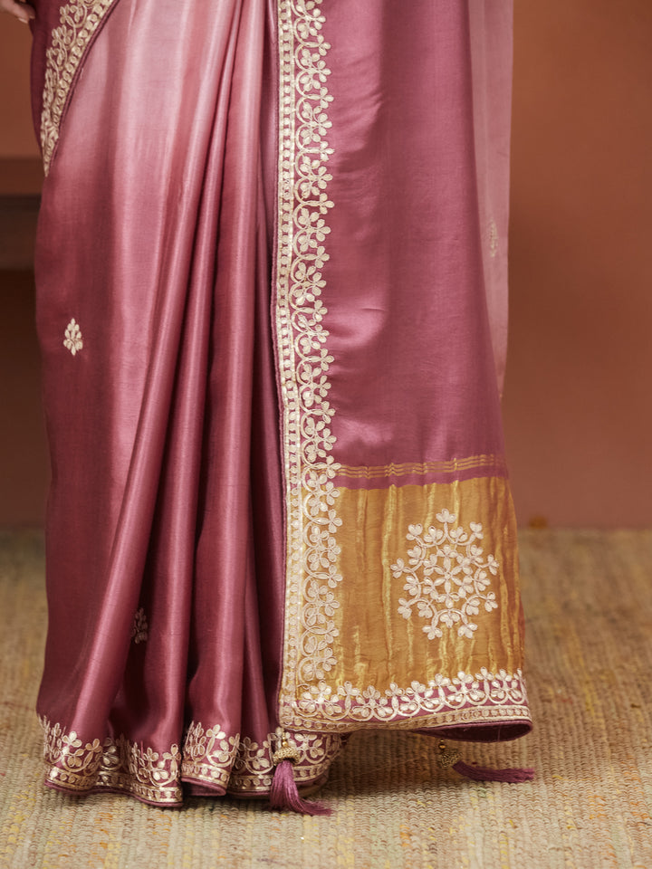Veda Blush Grace Saree – Dusty Rose with Golden Embellishments