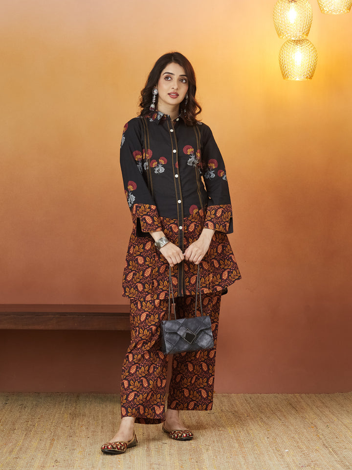 Veda Rust Noir Coord Set – Black & Rust Ethnic Print Ensemble