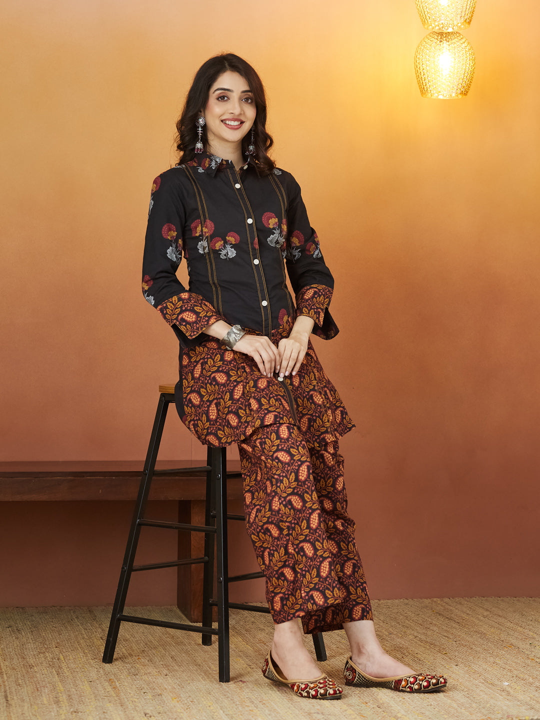 Veda Rust Noir Coord Set – Black & Rust Ethnic Print Ensemble