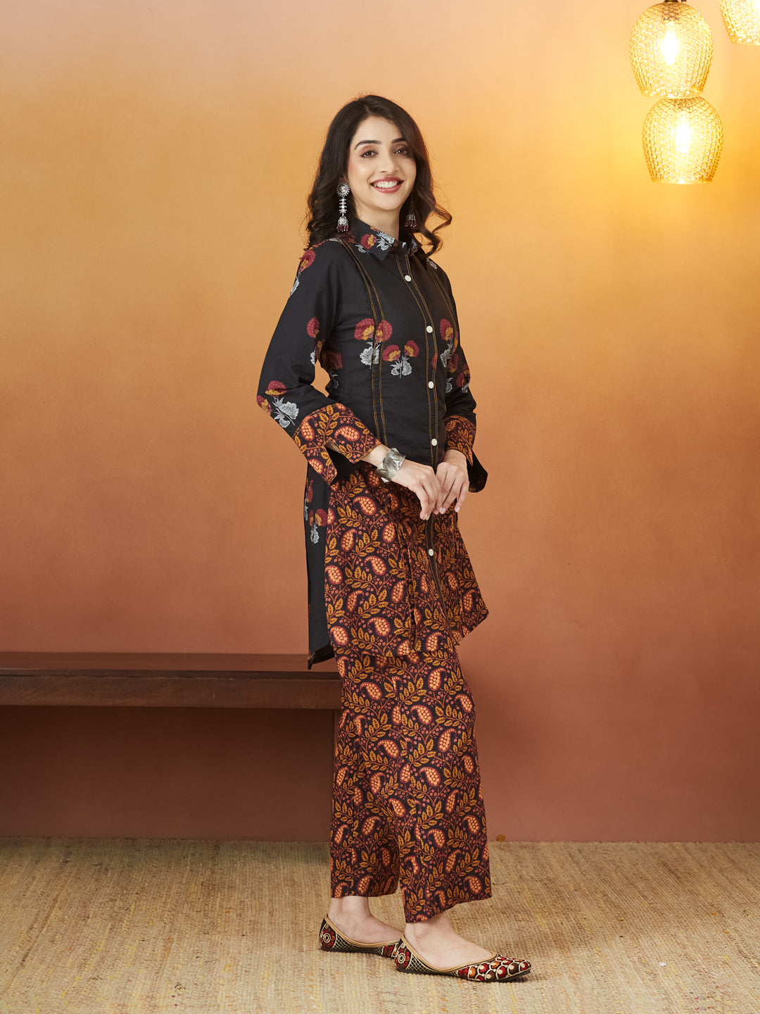 Veda Rust Noir Coord Set – Black & Rust Ethnic Print Ensemble