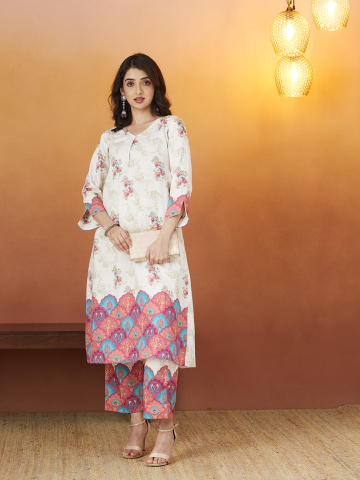 Veda Ivory Bloom Coord Set – Floral & Ornamental Print Fusion Wear