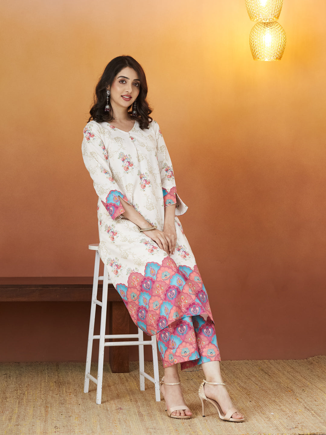 Veda Ivory Bloom Coord Set – Floral & Ornamental Print Fusion Wear