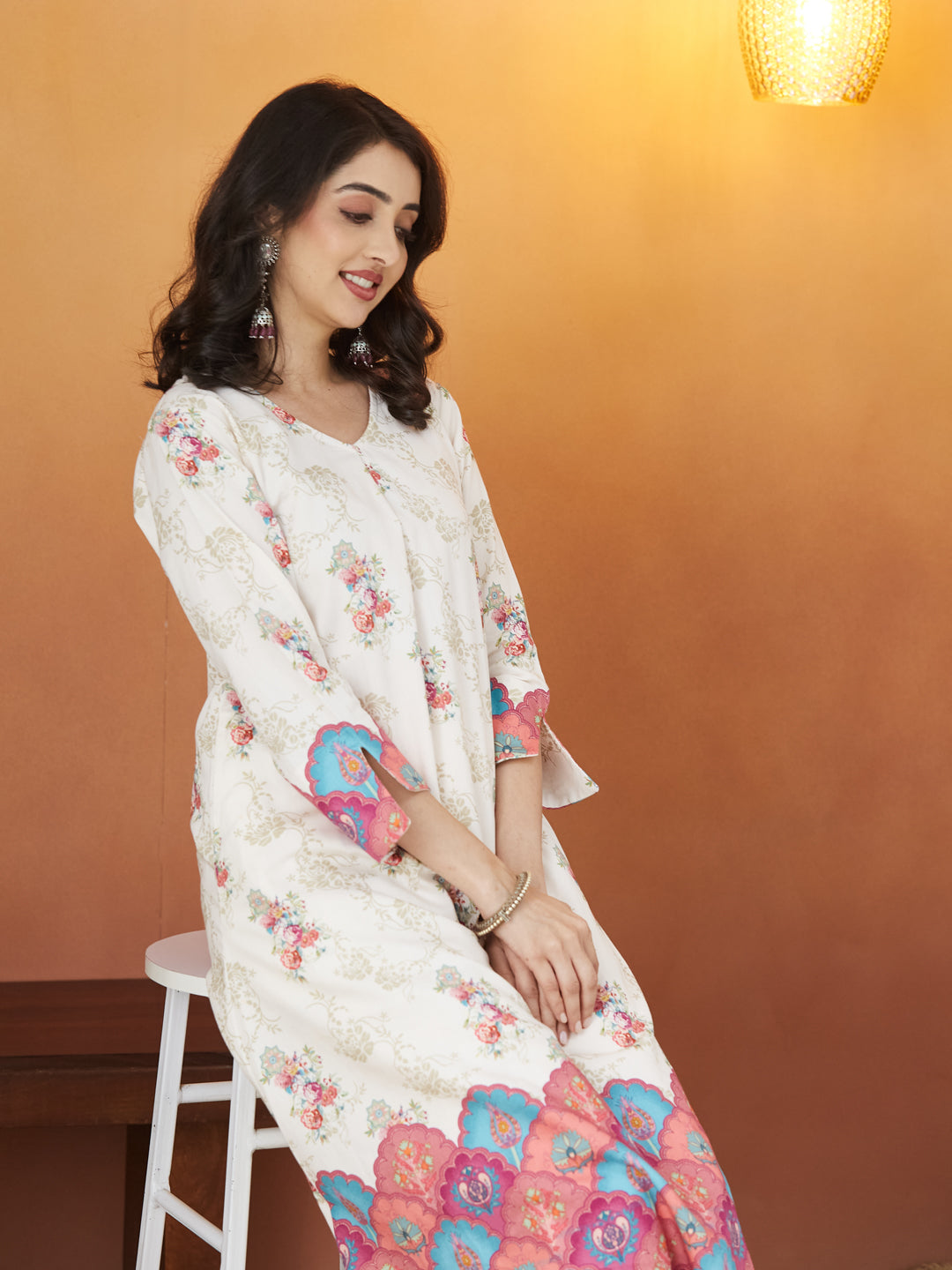 Veda Ivory Bloom Coord Set – Floral & Ornamental Print Fusion Wear