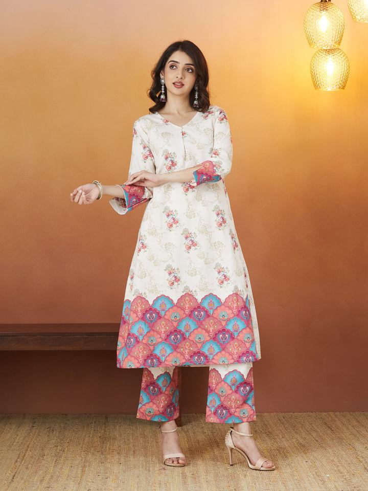 Veda Ivory Bloom Coord Set – Floral & Ornamental Print Fusion Wear