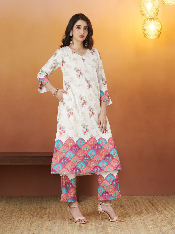Veda Ivory Bloom Coord Set – Floral & Ornamental Print Fusion Wear