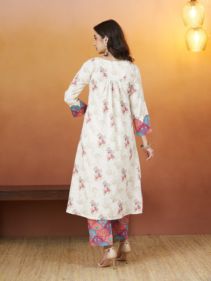 Veda Ivory Bloom Coord Set – Floral & Ornamental Print Fusion Wear