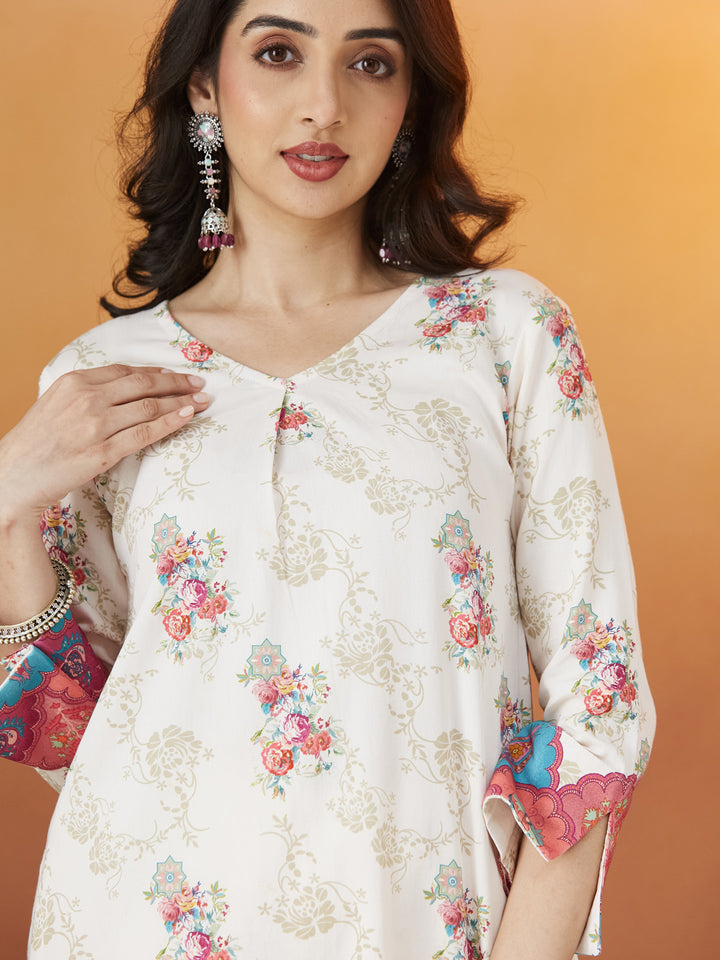 Veda Ivory Bloom Coord Set – Floral & Ornamental Print Fusion Wear