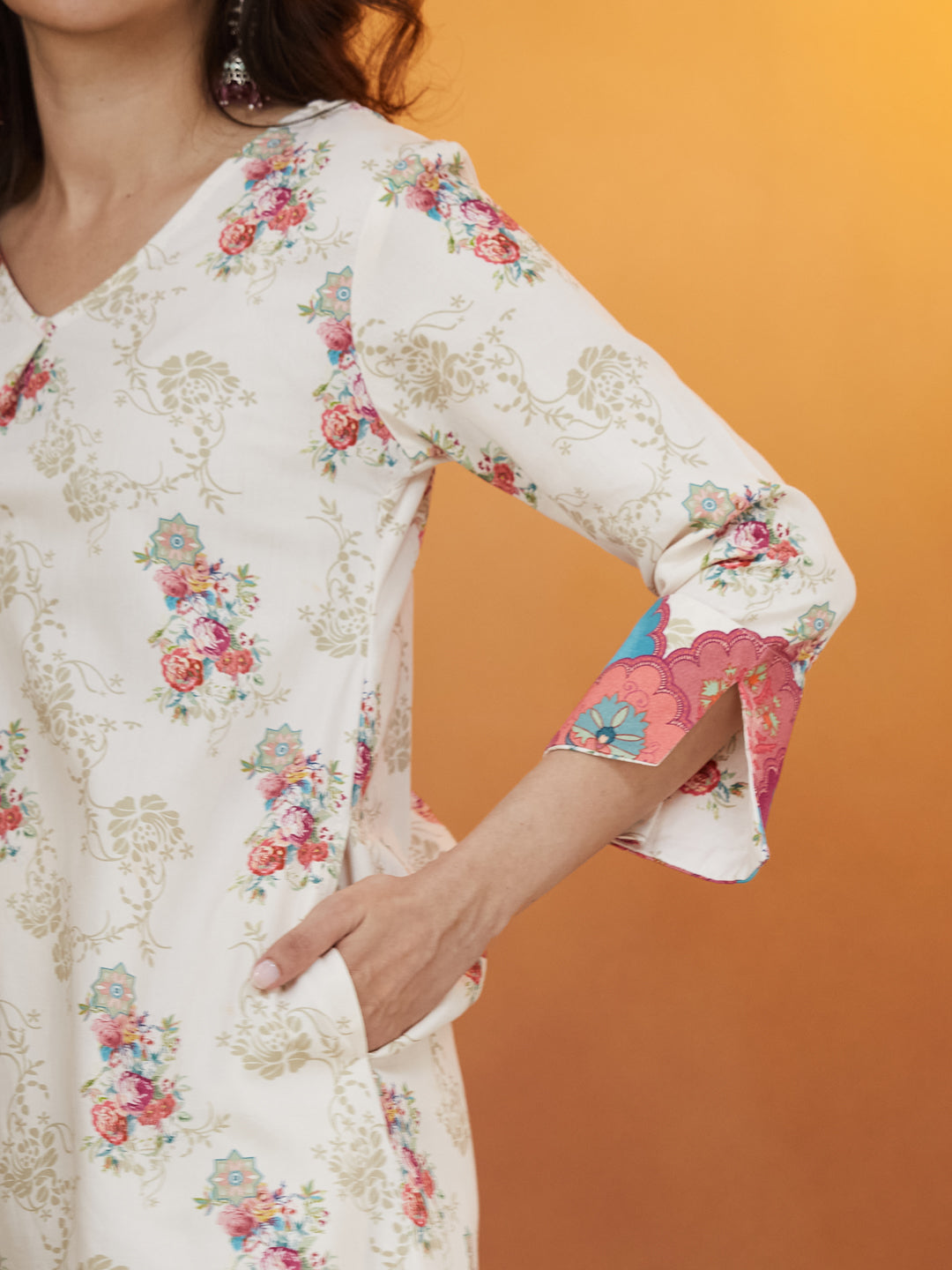 Veda Ivory Bloom Coord Set – Floral & Ornamental Print Fusion Wear