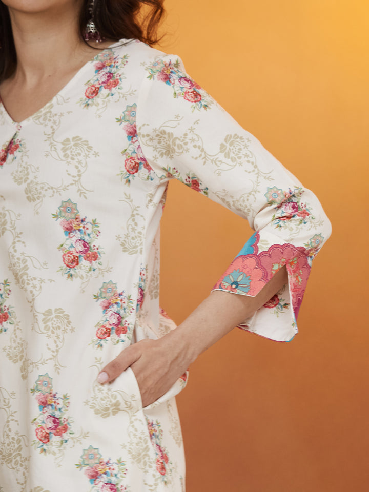 Veda Ivory Bloom Coord Set – Floral & Ornamental Print Fusion Wear