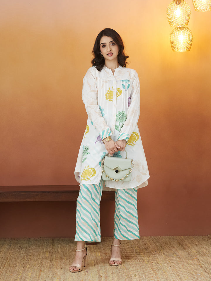 Veda Garden Mist Coord Set – Multicolor Floral & Aqua Wave Print