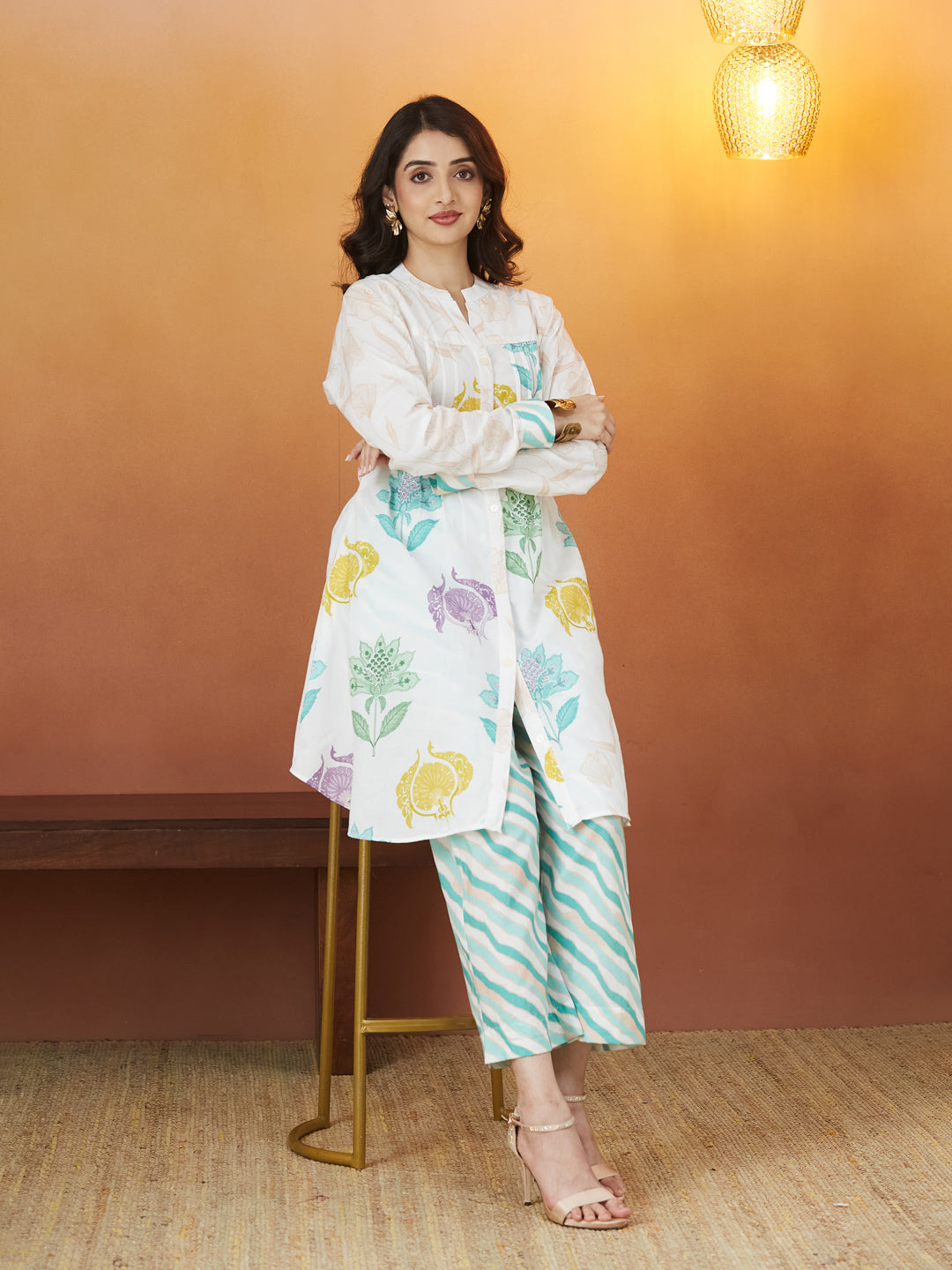 Veda Garden Mist Coord Set – Multicolor Floral & Aqua Wave Print