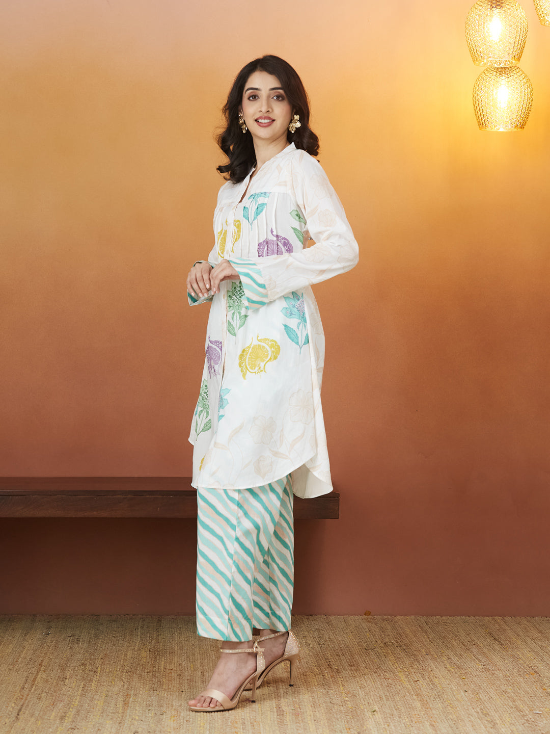 Veda Garden Mist Coord Set – Multicolor Floral & Aqua Wave Print