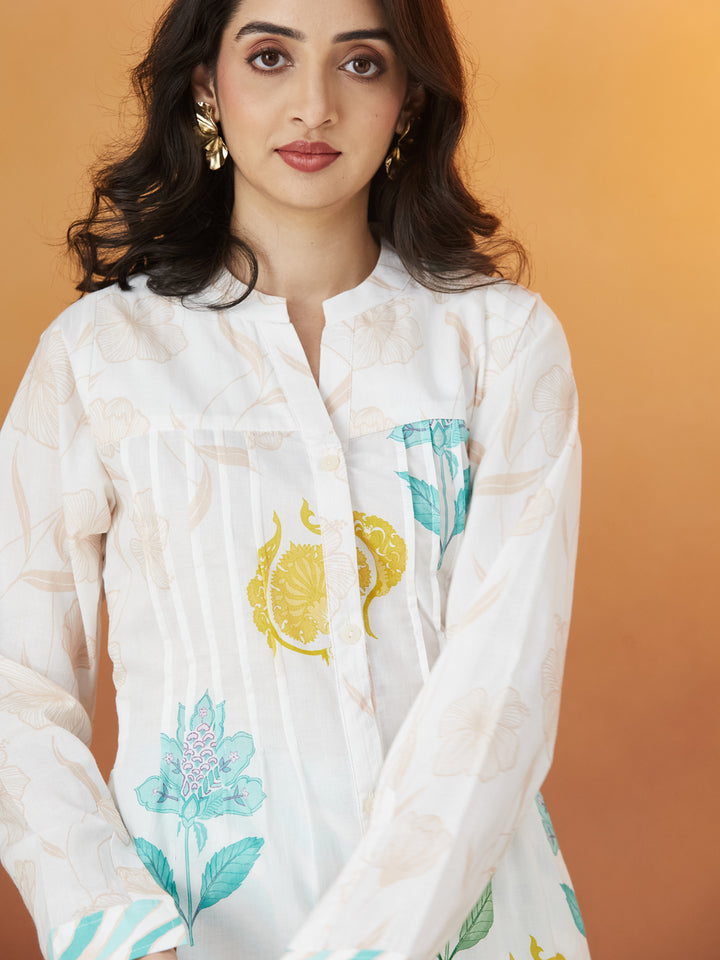 Veda Garden Mist Coord Set – Multicolor Floral & Aqua Wave Print