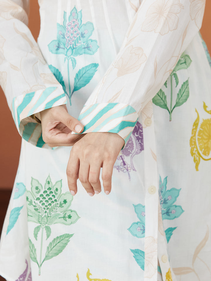 Veda Garden Mist Coord Set – Multicolor Floral & Aqua Wave Print