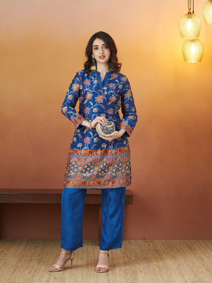 Veda Royal Sapphire Coord Set – Blue Floral & Mughal Border Design