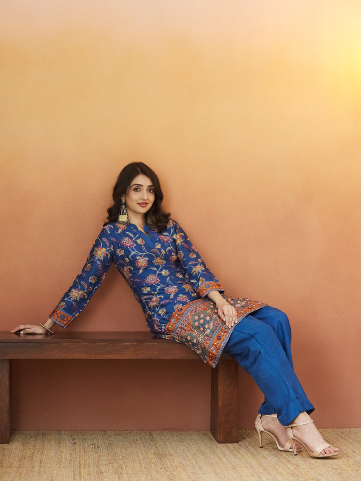 Veda Royal Sapphire Coord Set – Blue Floral & Mughal Border Design