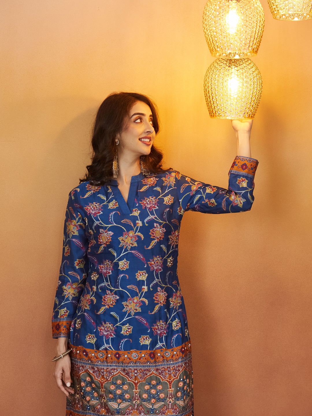 Veda Royal Sapphire Coord Set – Blue Floral & Mughal Border Design