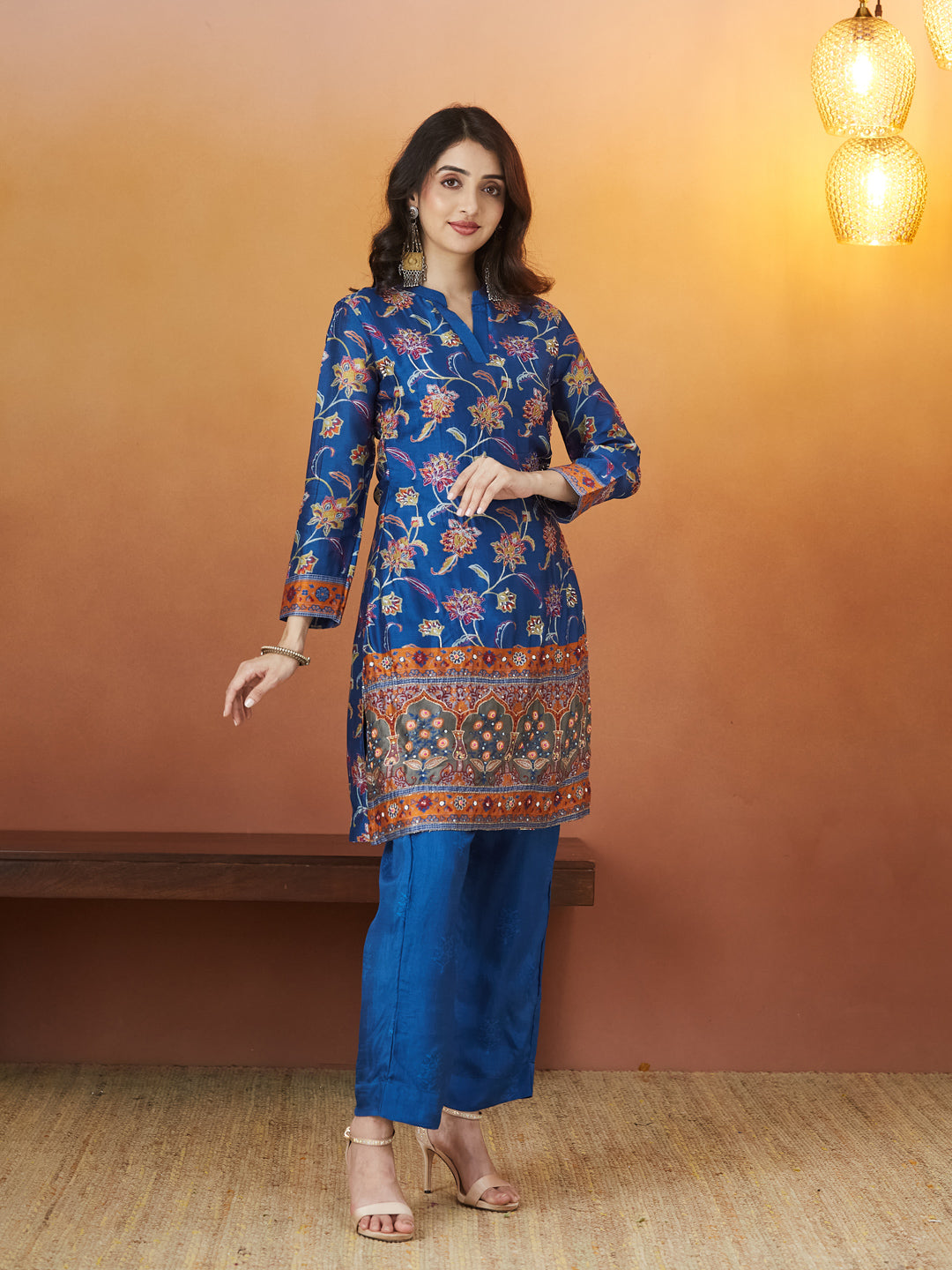 Veda Royal Sapphire Coord Set – Blue Floral & Mughal Border Design
