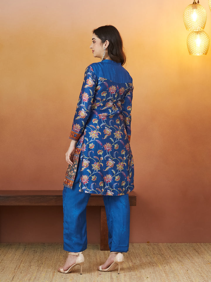 Veda Royal Sapphire Coord Set – Blue Floral & Mughal Border Design