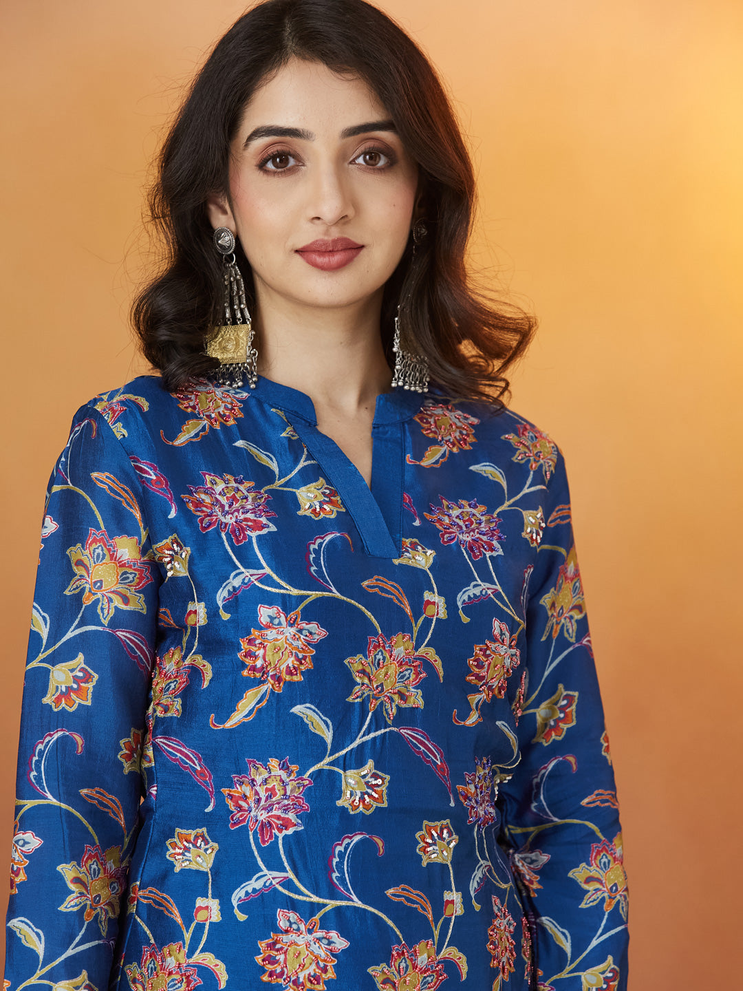Veda Royal Sapphire Coord Set – Blue Floral & Mughal Border Design