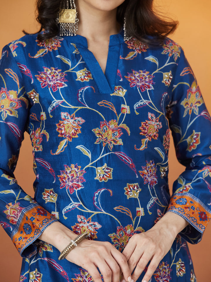 Veda Royal Sapphire Coord Set – Blue Floral & Mughal Border Design