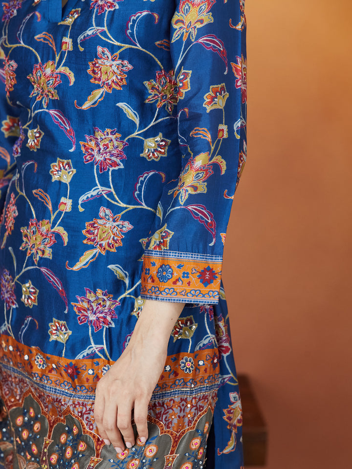Veda Royal Sapphire Coord Set – Blue Floral & Mughal Border Design