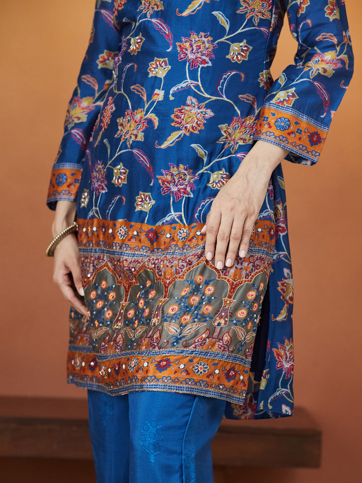 Veda Royal Sapphire Coord Set – Blue Floral & Mughal Border Design
