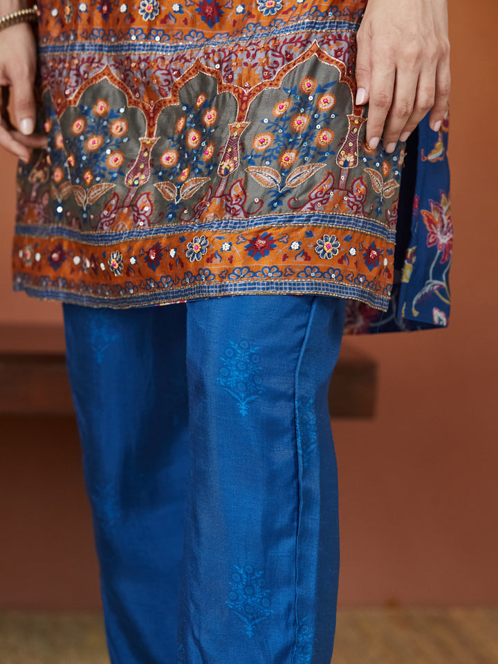 Veda Royal Sapphire Coord Set – Blue Floral & Mughal Border Design