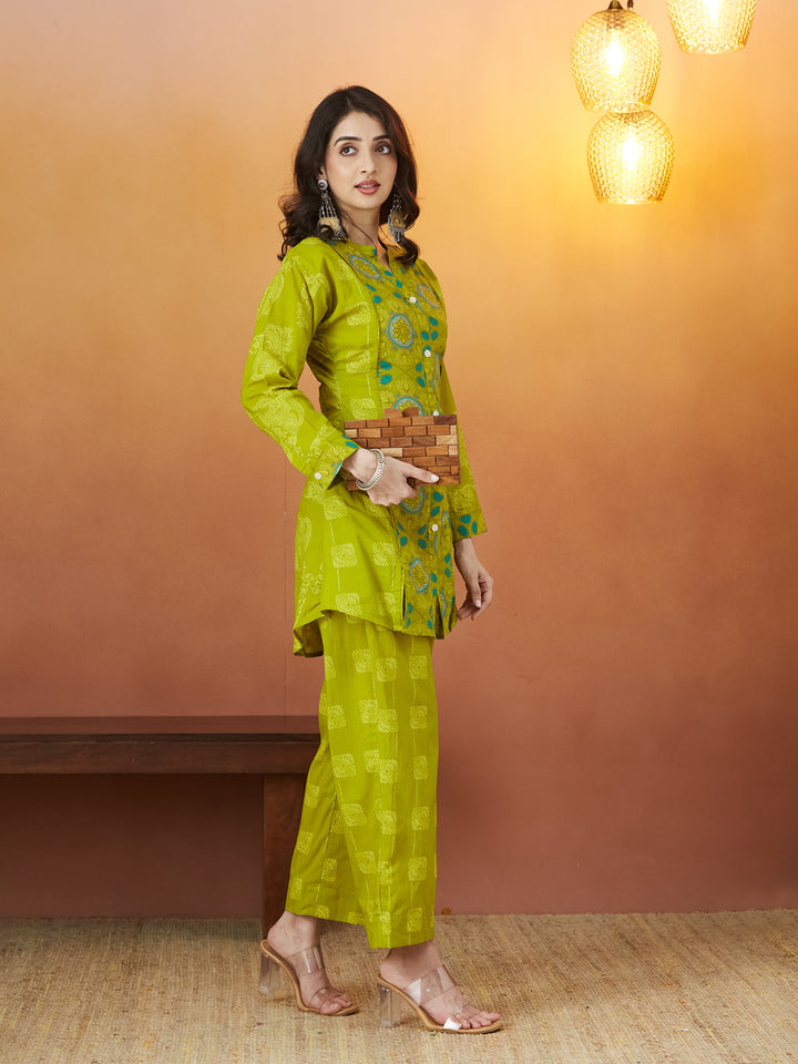 Veda Lime Heritage Coord Set – Lime Green with Medallion Motifs