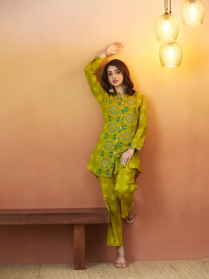 Veda Lime Heritage Coord Set – Lime Green with Medallion Motifs
