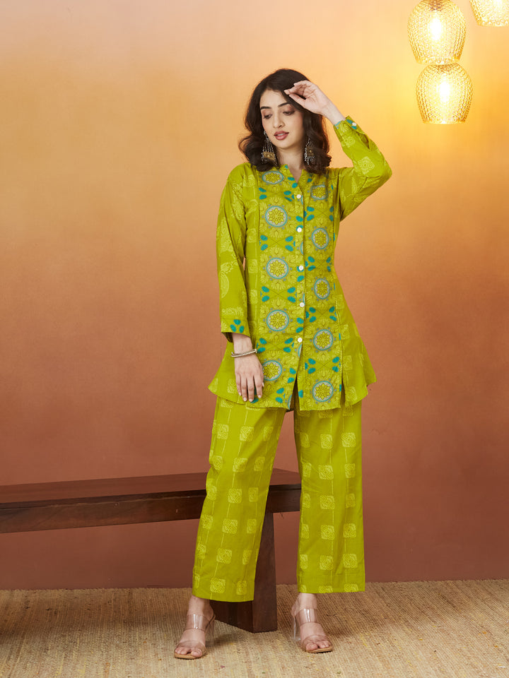 Veda Lime Heritage Coord Set – Lime Green with Medallion Motifs