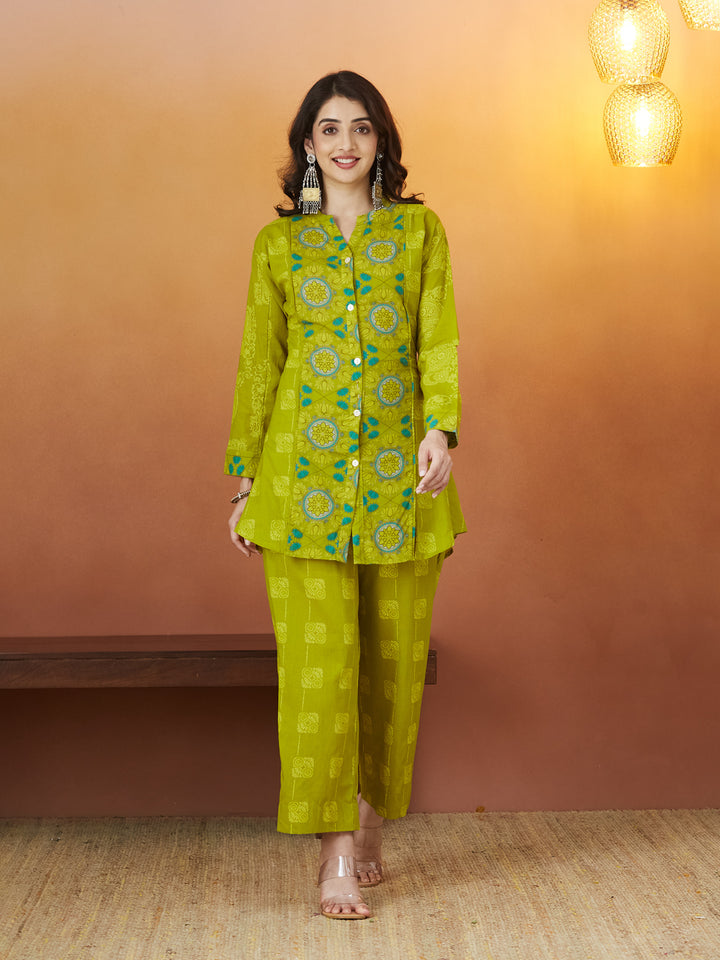 Veda Lime Heritage Coord Set – Lime Green with Medallion Motifs