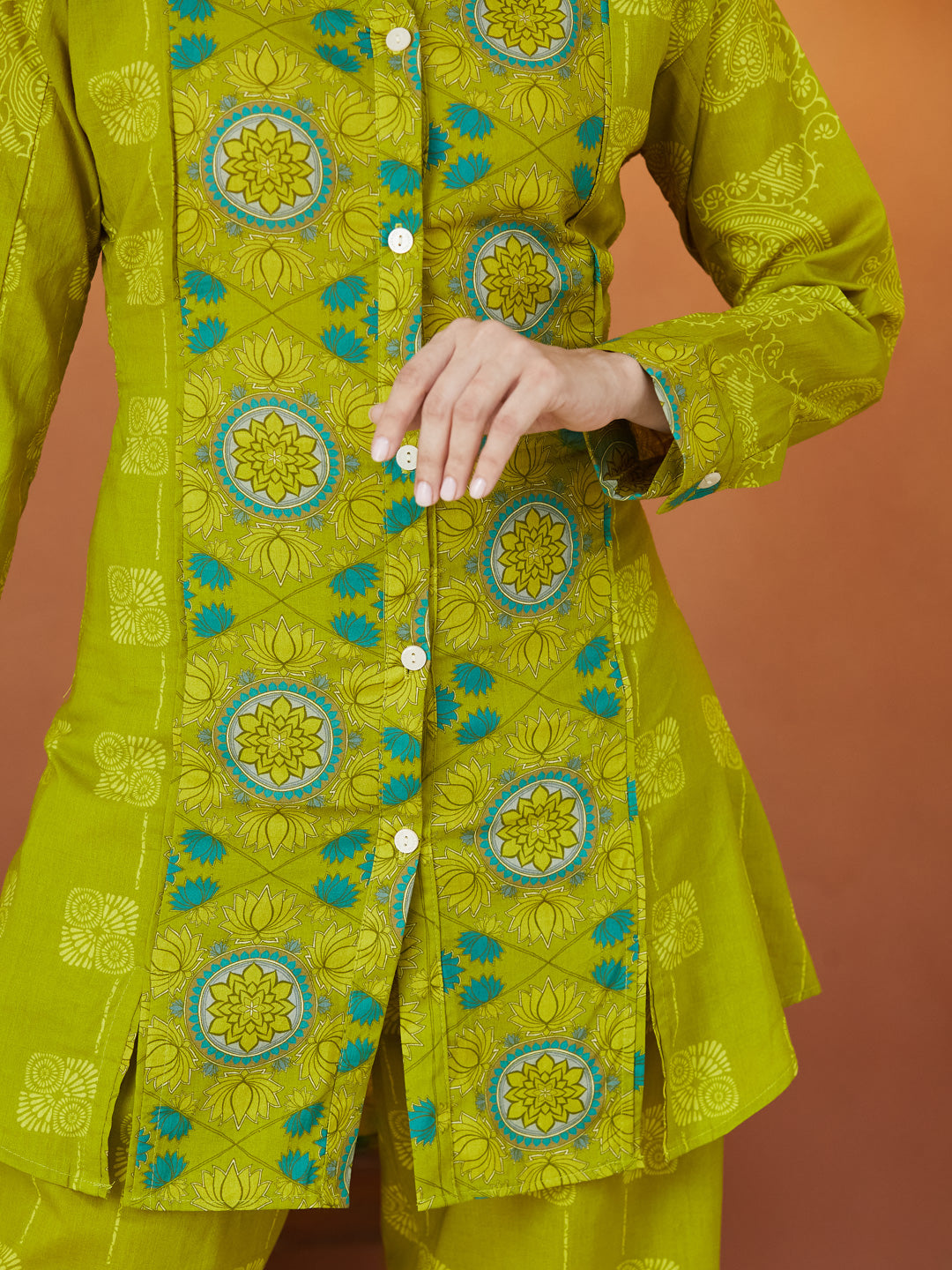 Veda Lime Heritage Coord Set – Lime Green with Medallion Motifs