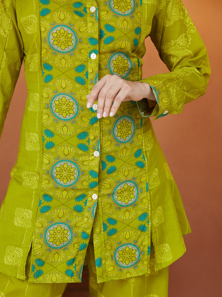 Veda Lime Heritage Coord Set – Lime Green with Medallion Motifs