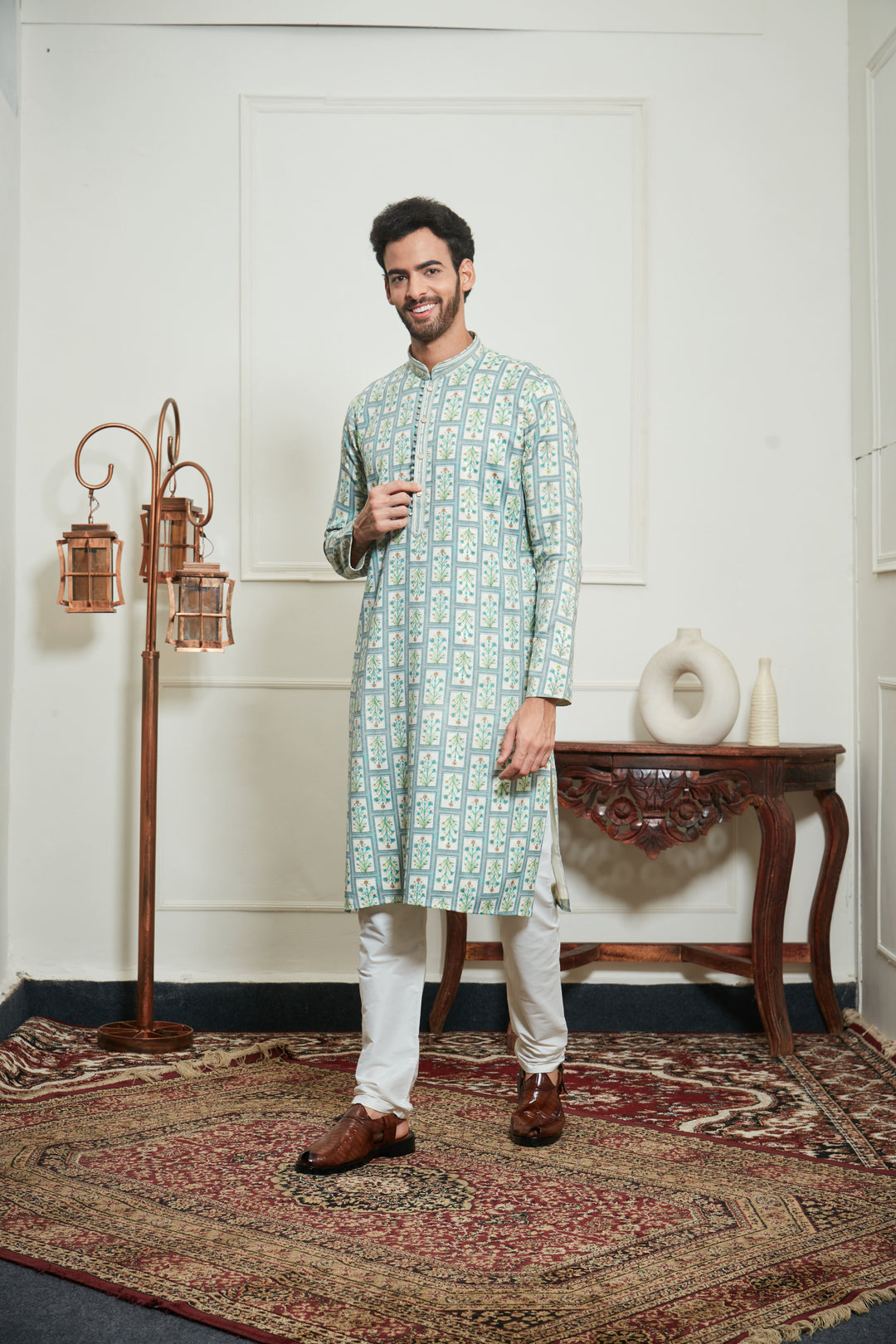 BISCUIT CREAM FLORAL KURTA SET