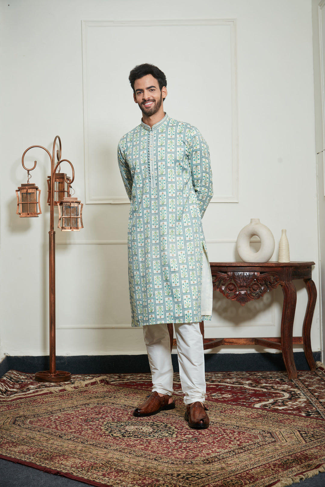 BISCUIT CREAM FLORAL KURTA SET