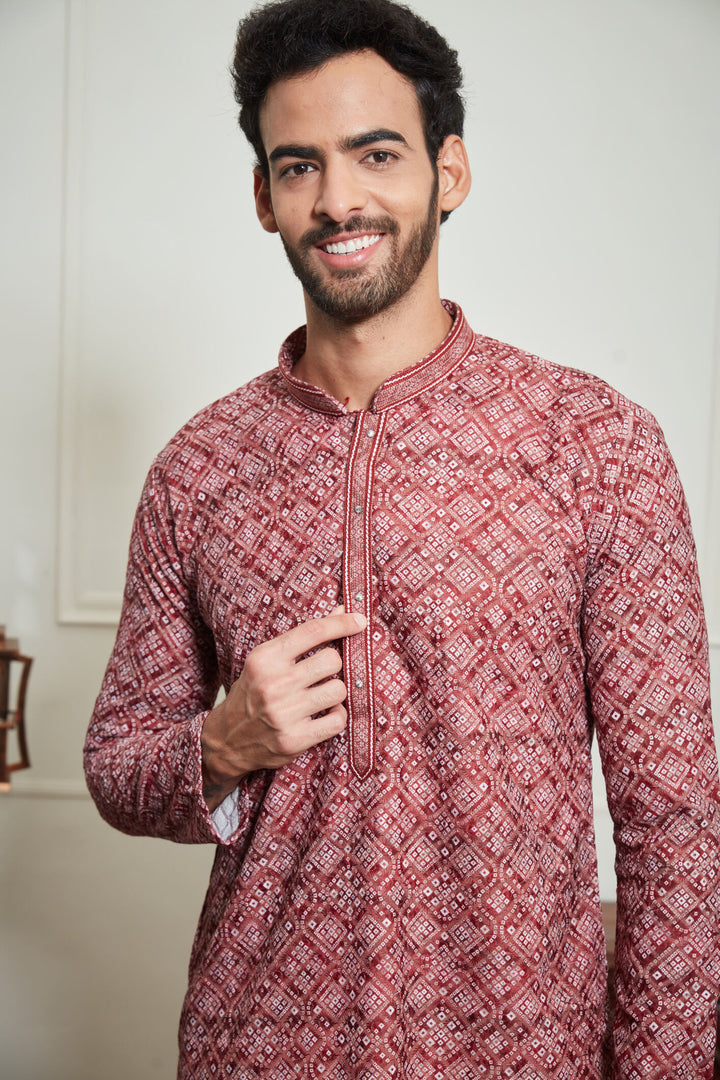 MAROON BANDHANI KURTA SET