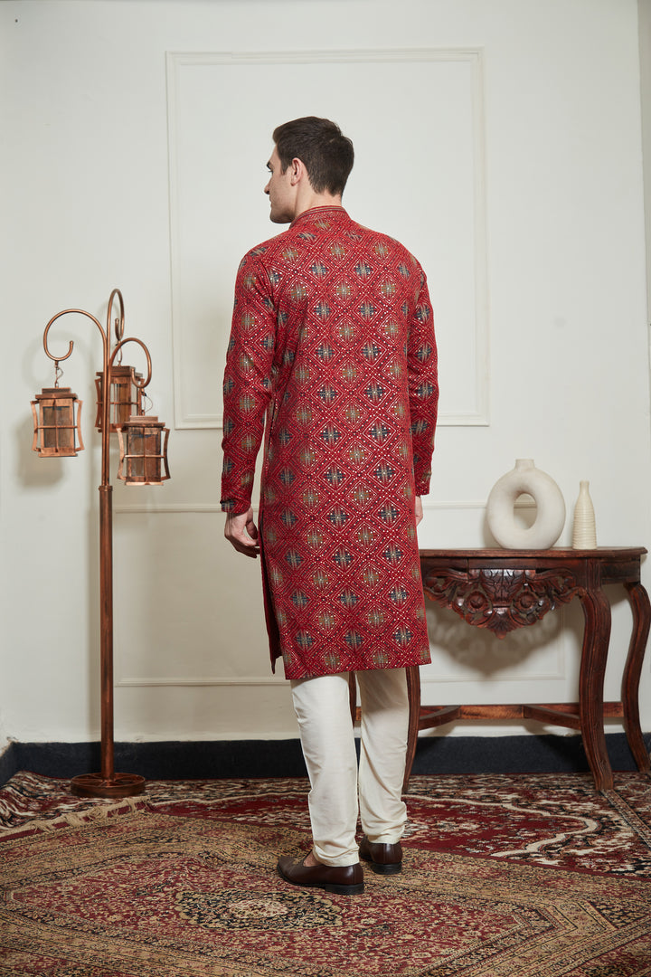 RED BANDHANI KURTA SET