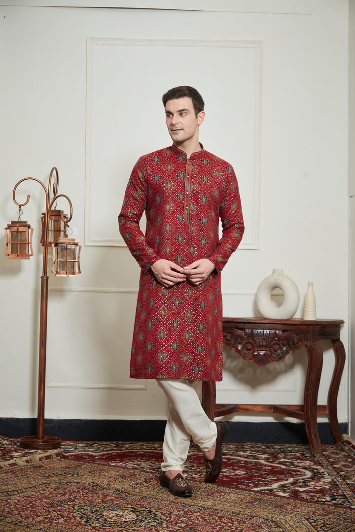 RED BANDHANI KURTA SET
