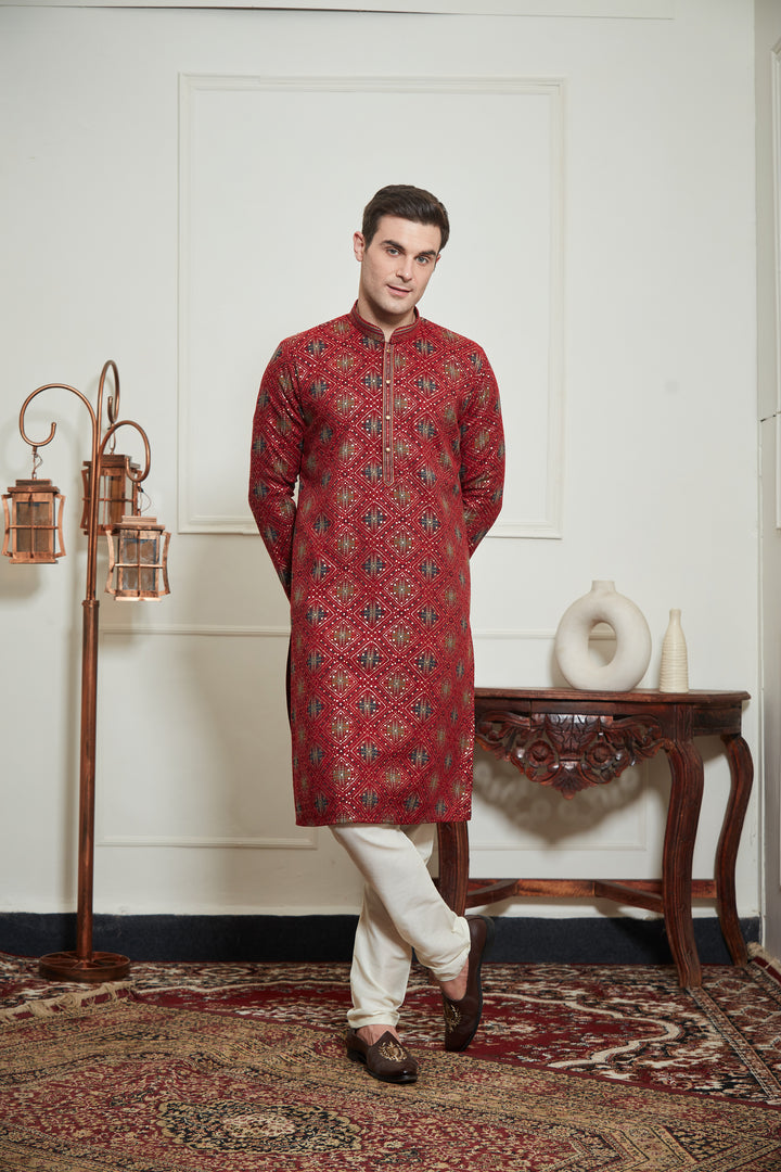 RED BANDHANI KURTA SET