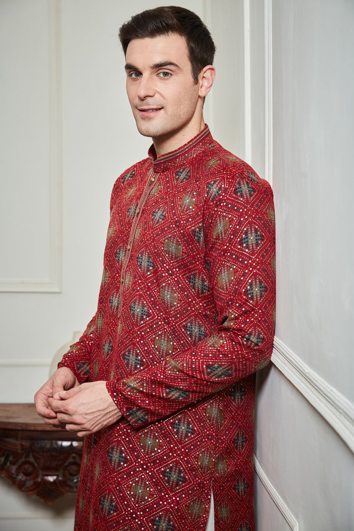 RED BANDHANI KURTA SET