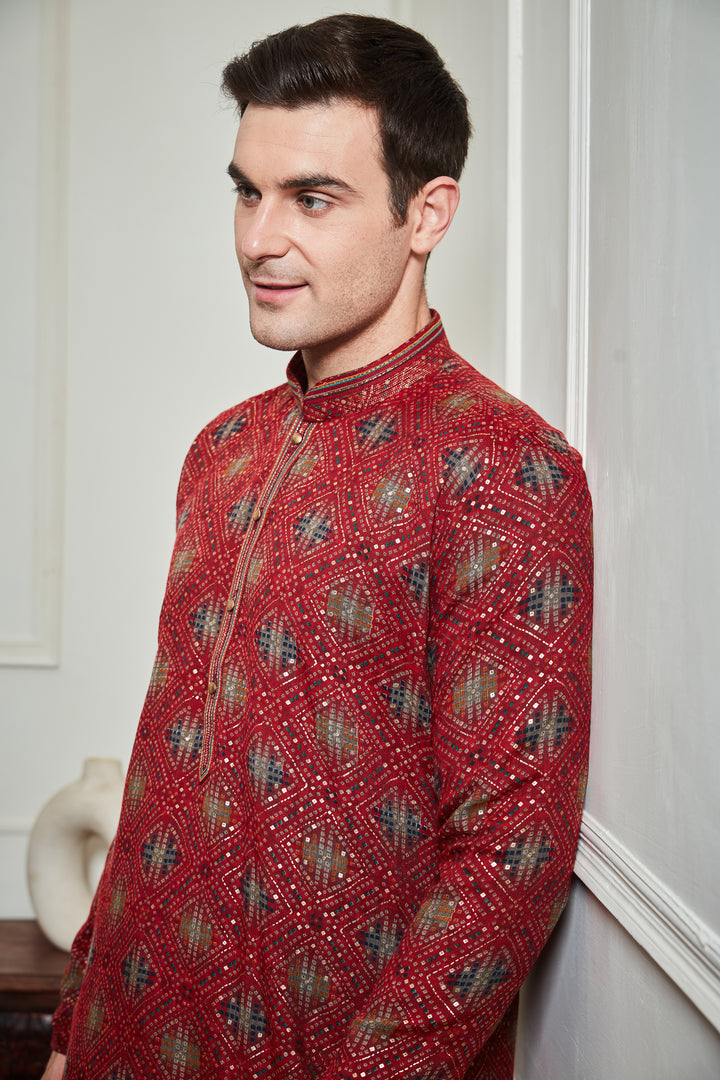 RED BANDHANI KURTA SET
